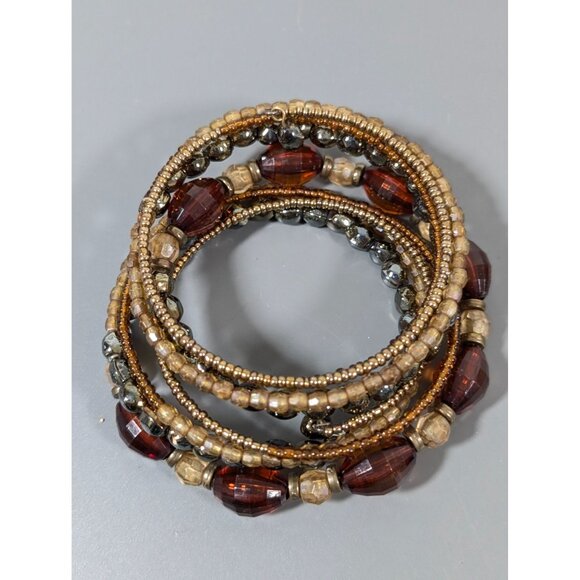 Boho Tribal Faceted Brown Bead Coil Wrap Bracelet 7.5 in - Picture 4 of 6